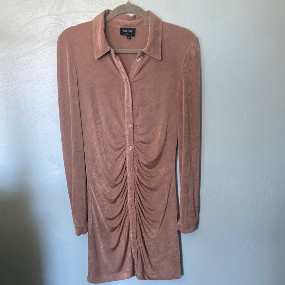 Bardot Shimmery Tan Ruched Notched Collar Midi Dress